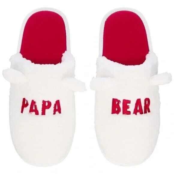 Macy's Family Pajamas Mens Papa Bear Faux-Fur Slippers White Red Large 9-10 New - Picture 1 of 3